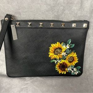 NWT White House Black Market Wristlet Clutch in Black with Yellow Flowers